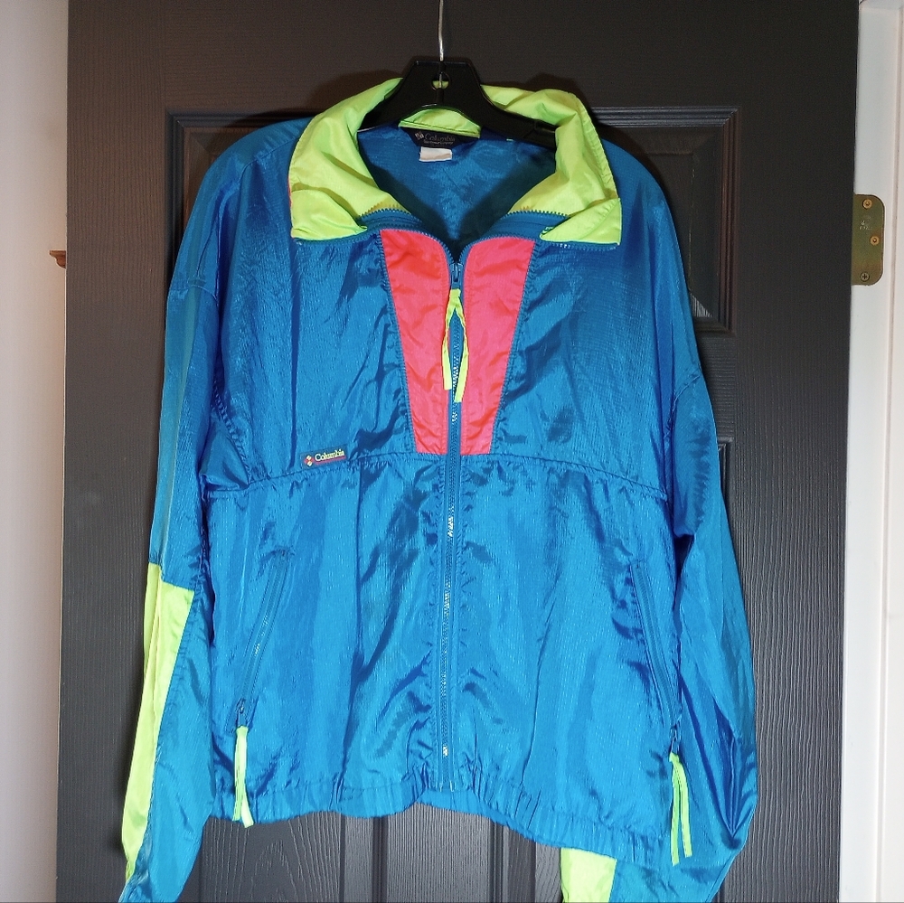 VTG 90s Columbia Radial Sleeve Jacket Windbreaker Intertrainer Neon Color Block
